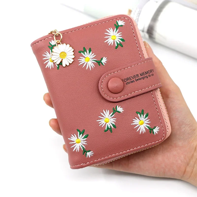 New Women Short Wallet With Coin Pocket Leather Female Flower Purse Ladies Card Holder Fashion Woman Small Zipper Clutch Bag
