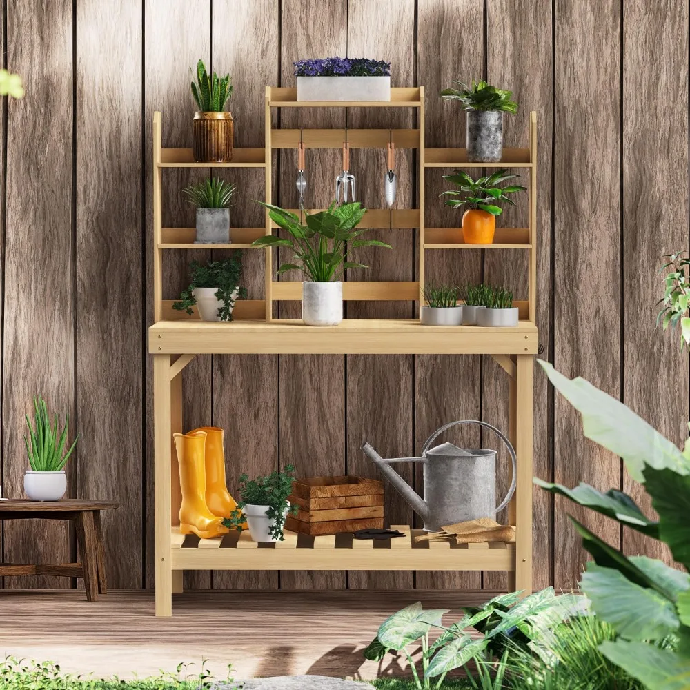 

Outdoors Potting Benches Table, Garden Work Table Outside, Wooden Workstation Table with Storage Shelf