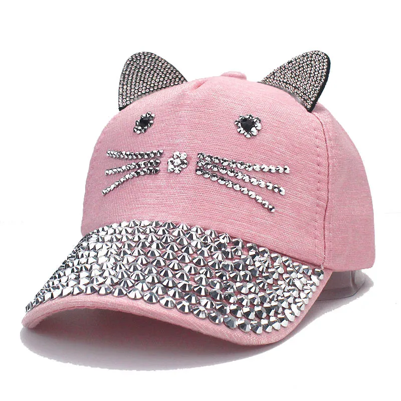 Children Girls Diamond Inlay Cap Simple Plain Baseball Cap Female Adjustable Casual Outdoor Streetwear Fashion Cat Hat