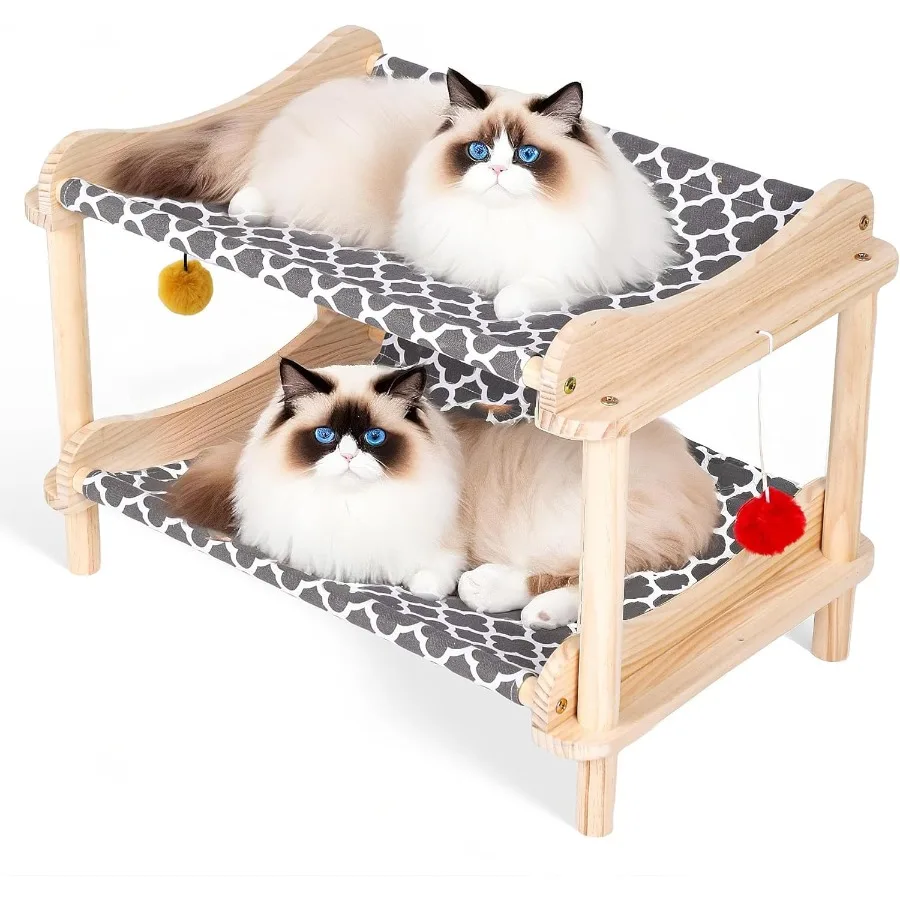 

2-Layer Elevated Cat Hammock Bed with Pine Wood Frame for Indoor Cats and Small Animals 24x15.7x16.3 Breathable Washable Covers