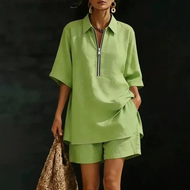 

Women Solid Color 2 Piece Outfit Zip Collar Short Sleeve Shirt And Loose Shorts Set Casual Linen Matching Suit Summer Streetwear