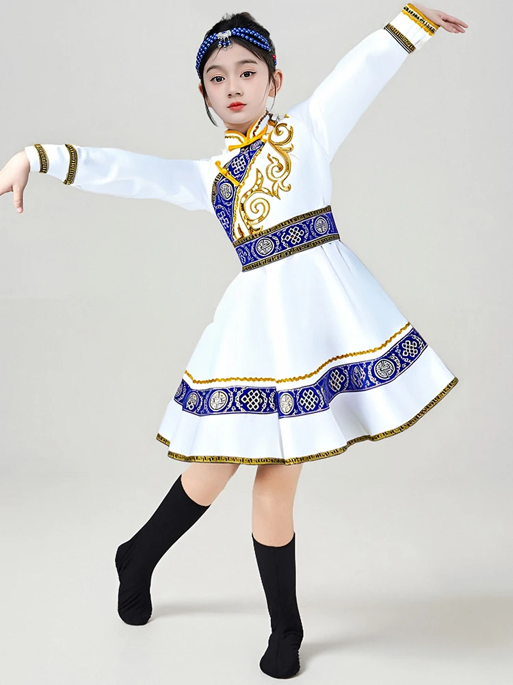 

Детский монгольский этнический танцевальный костюм для девочек, белая танцевальная одежда для малышей, наряд для танца с палочками