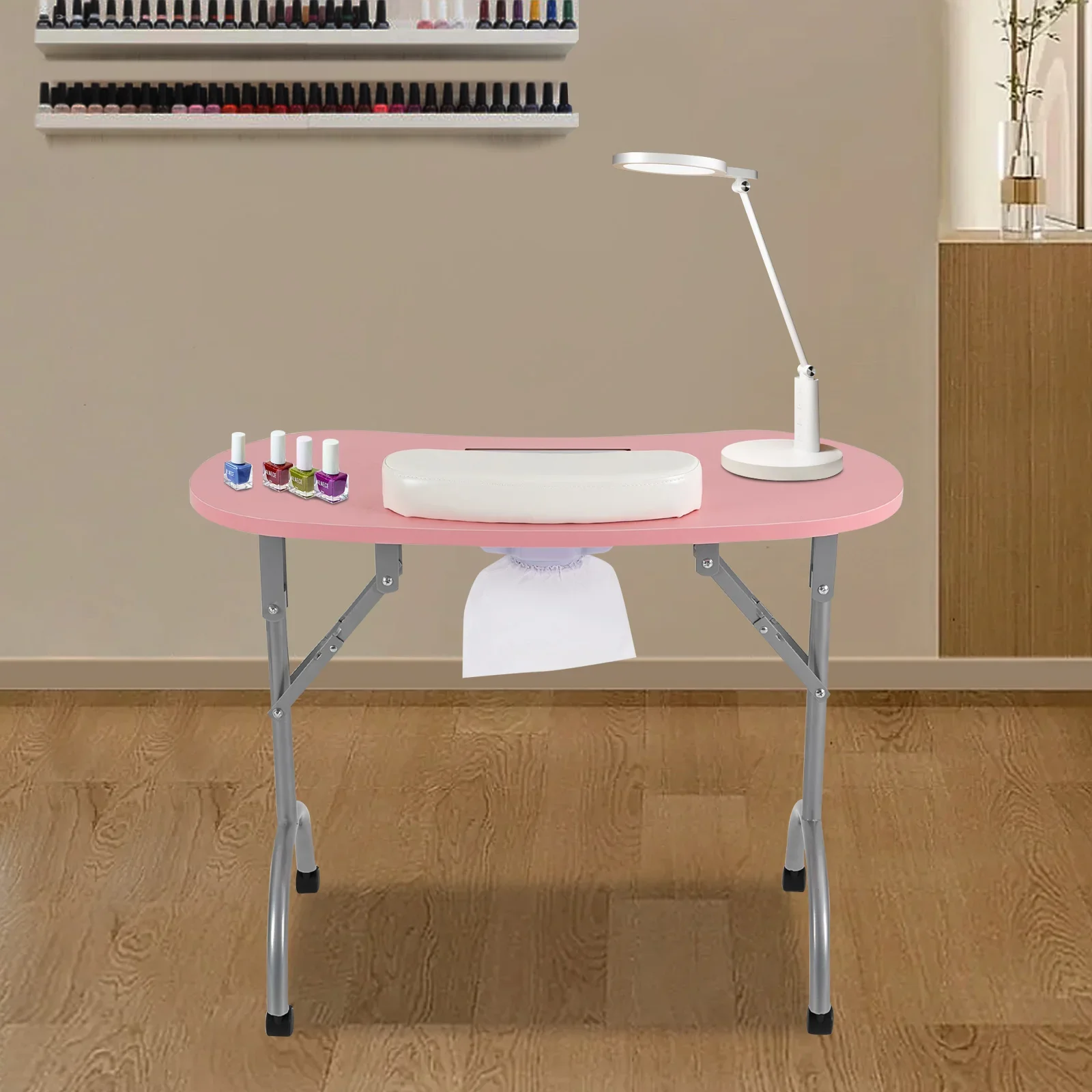 Foldable Nail Table w/Wheels Multifunctional Portable Manicure Table with MDF Table Top for Households, Nail Salons