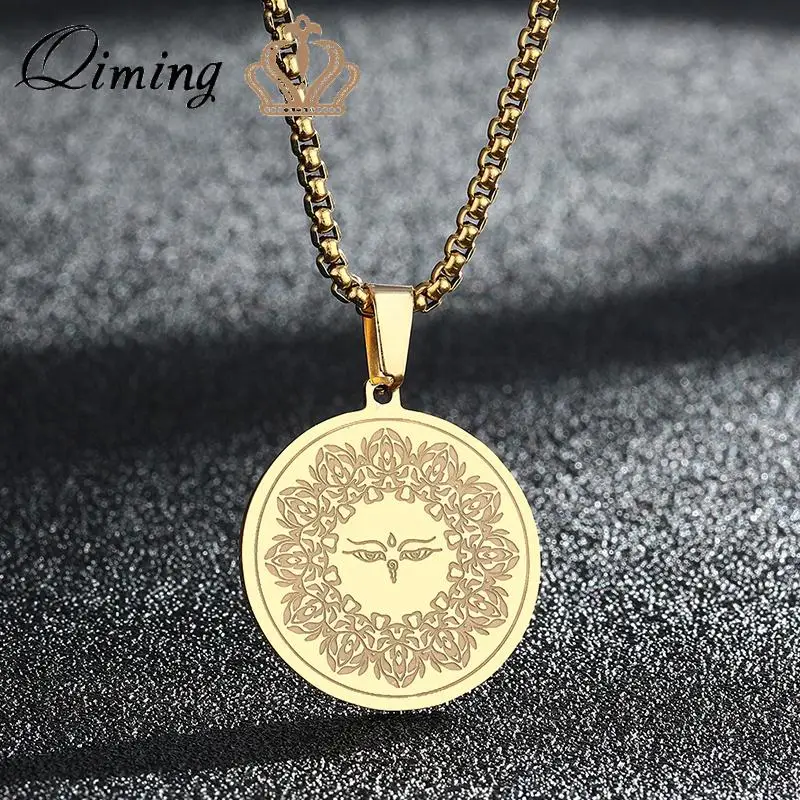 Buddha Buddhist Eyes Pendant Necklace For Women Stainless Steel Religion Jewelry Amitabha Tibetan Men Necklace