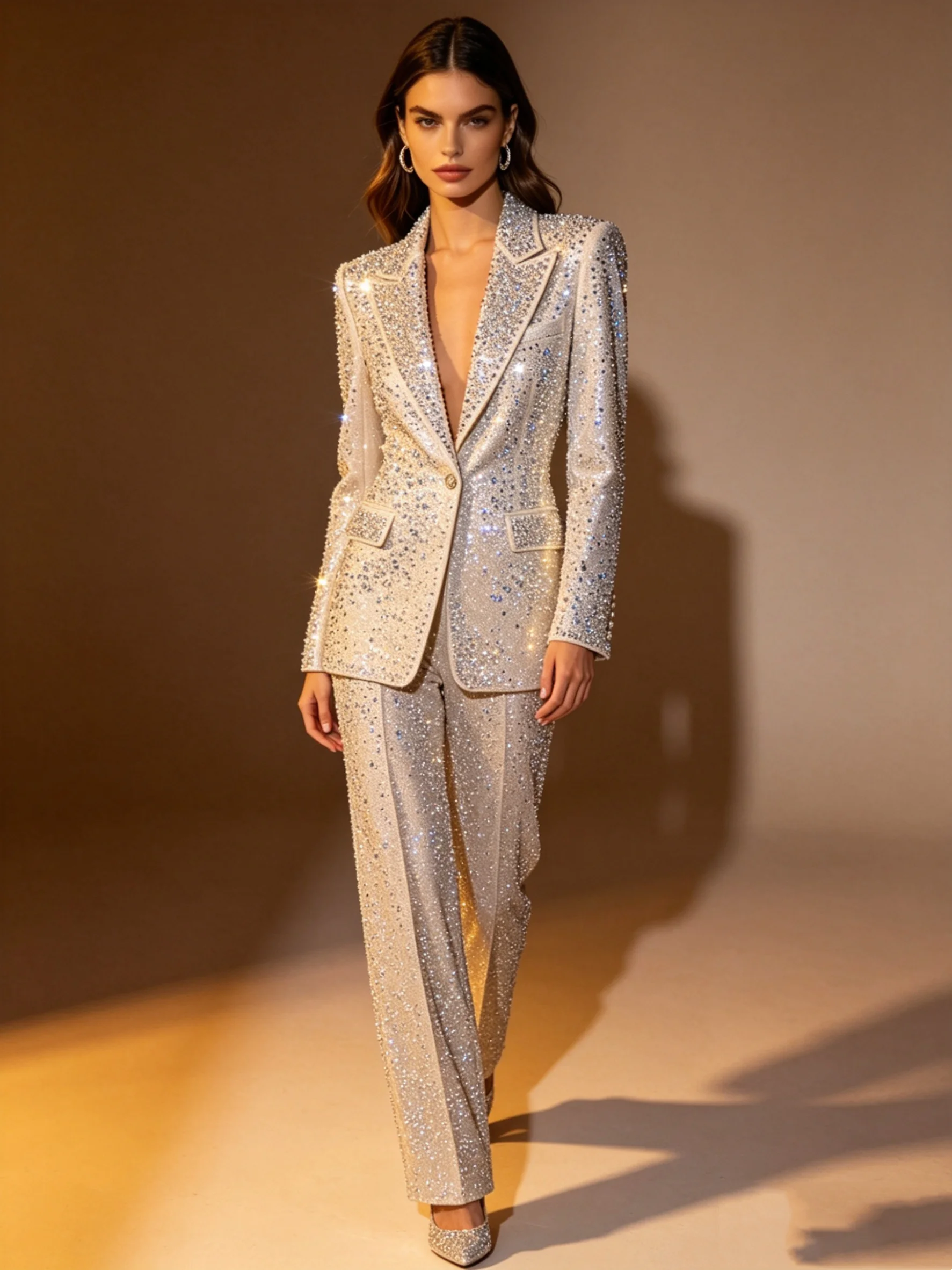 

Роскошный блестящий женский костюм из 2 предметов: пиджак и брюки, для офиса, свадьбы, на заказ