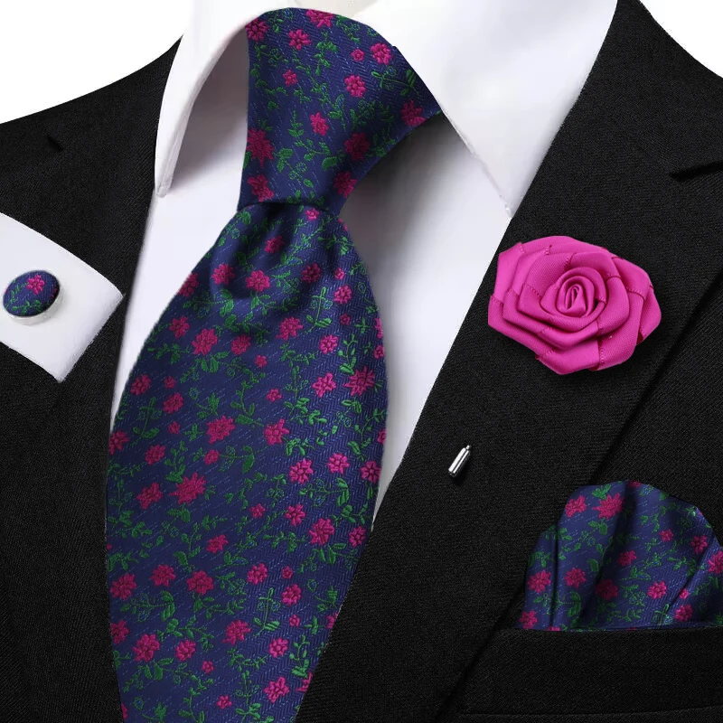 Men's Flower And Plant Pattern Jacquard Tie Set Pocket Square Flower Brooch Cufflink Accessories Daily Wear Cravat Wedding Gifts