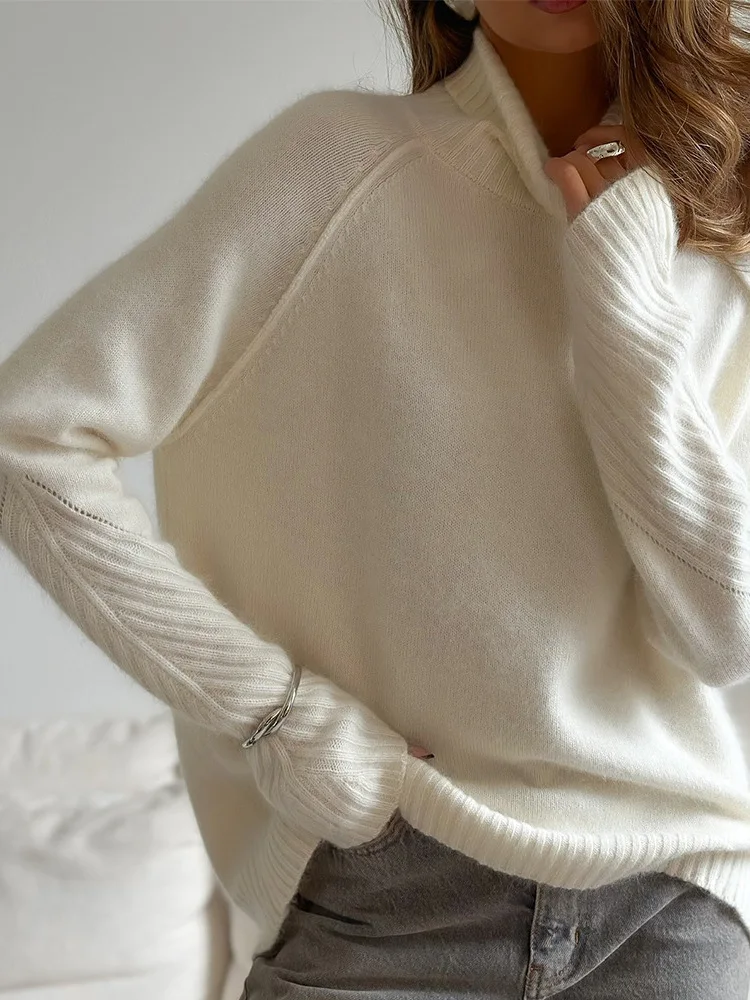 

Свободный повседневный вязаный свитер, женский белый осенне-зимний новый простой цвет, удобный топ на молнии с полной молнией