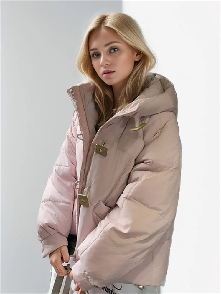 2024 Winter New Women\'s Bread Jacket Solid Color Fashion Statement Button Design Down Padded Jackets Hooded Loose Warm Jacket