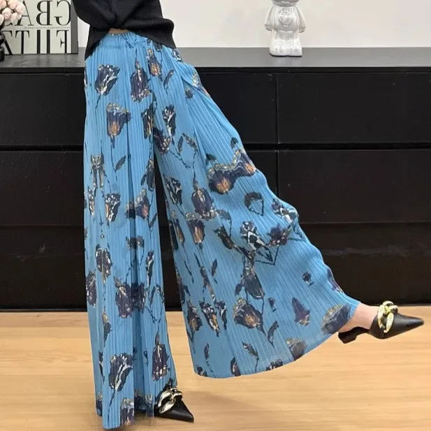แฟชั่นสบายๆอเนกประสงค์กางเกงขากว้างMiyakeพิมพ์จีบเอวสูงผู้หญิงเก้านาทีกางเกง 2025 ฤดูร้อนใหม่