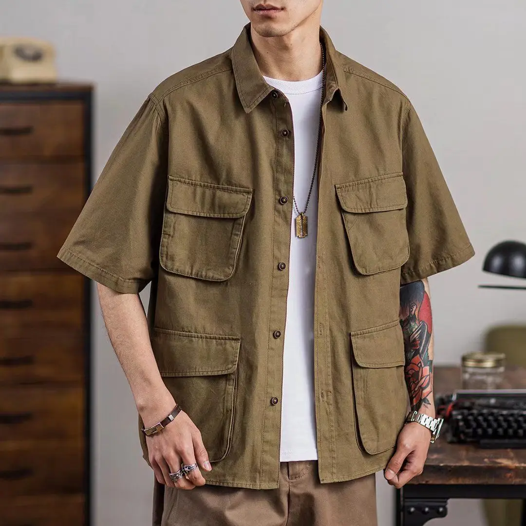 

Khaki Loose Tooling Multi-pocket Short Sleeve Shirt Men Safari Style 2022 Summer Button Up Shirt Casual Shirt Men American Tops