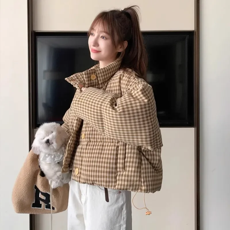 New Plaid Down Cotton-Padded Jacket Women's Short Thickened Korean Version Stand-up Collar Bread Clothing Coat Women