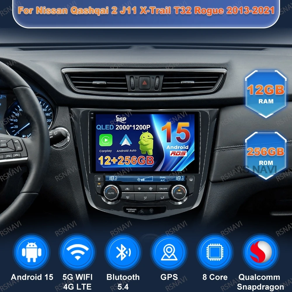 Android 15 Car Radio For Nissan Qashqai 2 J11 X-Trail T32 Rogue 2013-2021 Autoradio 4G LTE Qualcomm DSP QLED Viedo Player Stereo