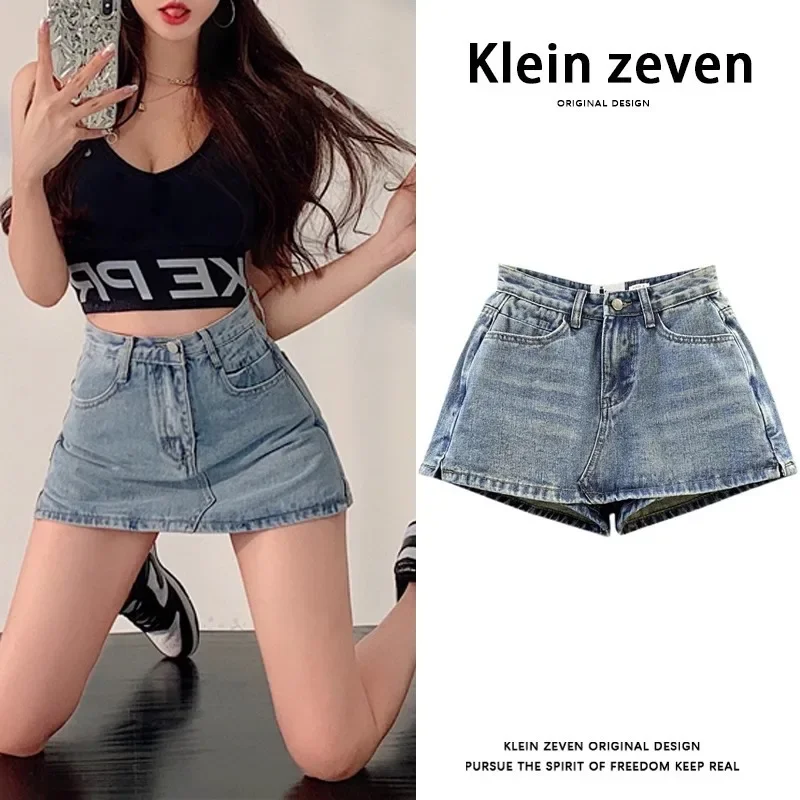 

Миниатюрные джинсовые шорты с высокой талией, уменьшающие возраст, женская модная полуюбка трапециевидной формы с защитой от воздействия тела