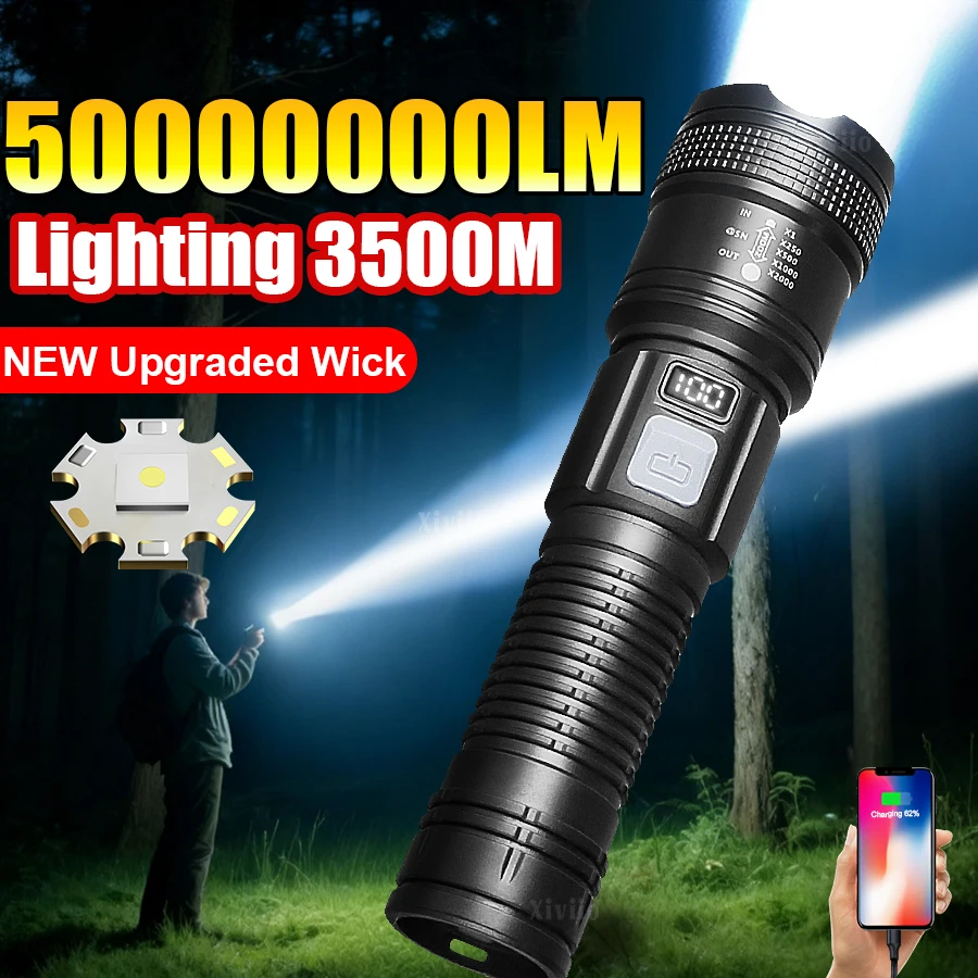 

5000000LM Супер мощный портативный фонарик Сильный свет 3500 м фонарик высокой мощности TYPE-C перезаряжаемый фонарь для кемпинга и рыбалки