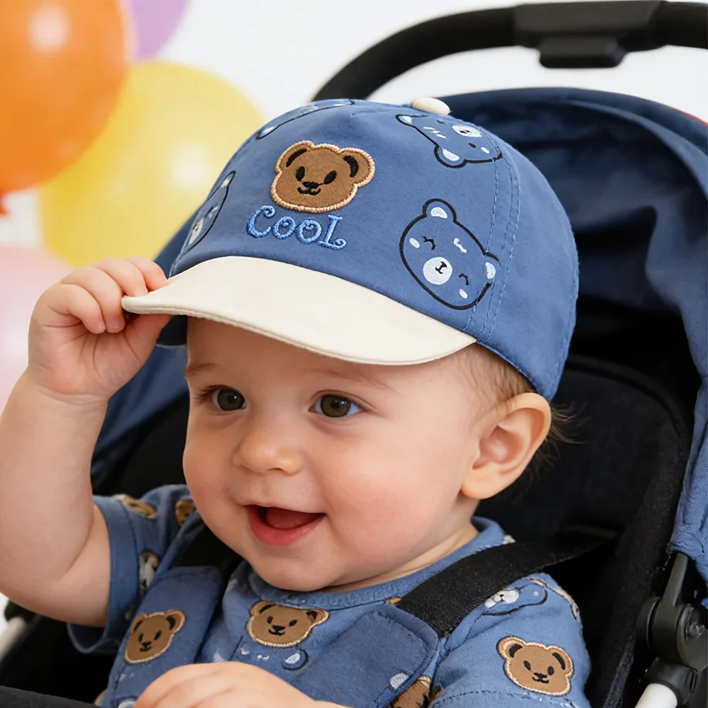 1 Baby-Sonnenhut, bezaubernde, leichte Baseballkappe mit weichem Rand für Säuglinge und Kleinkinder, niedliches Cartoon-Bären-Design – Detail 4