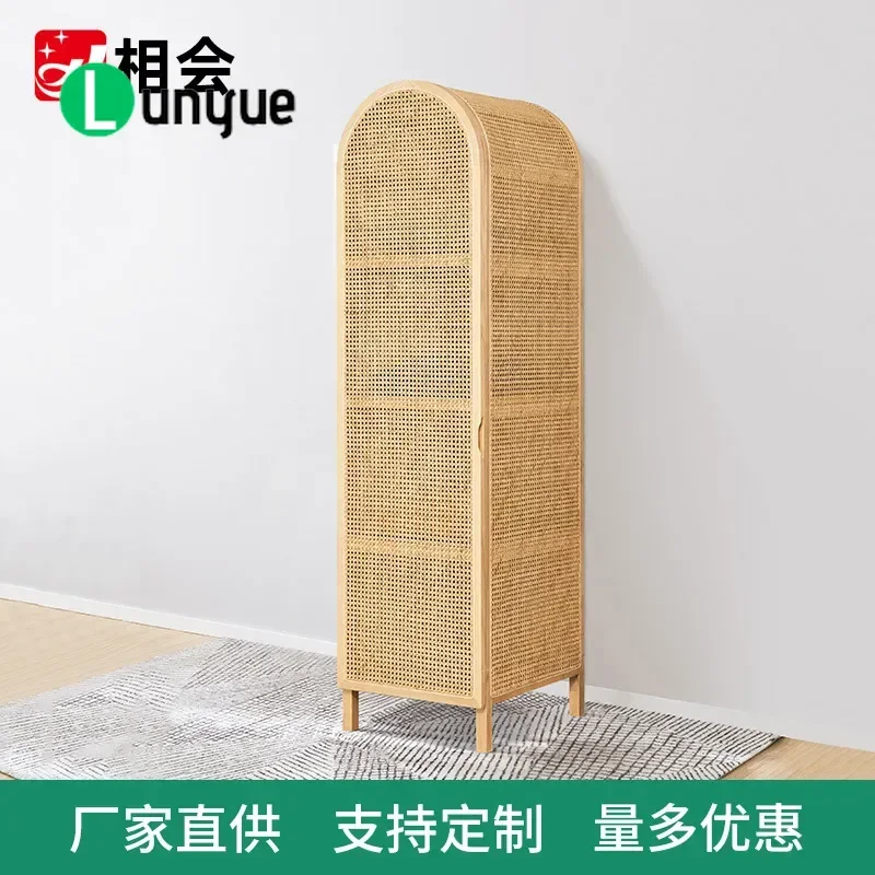 Modern Simple Rattan Wardrobe Wooden Sliding Door Cabinet No Installation Needed Bedroom Home Interior Storage Furniture