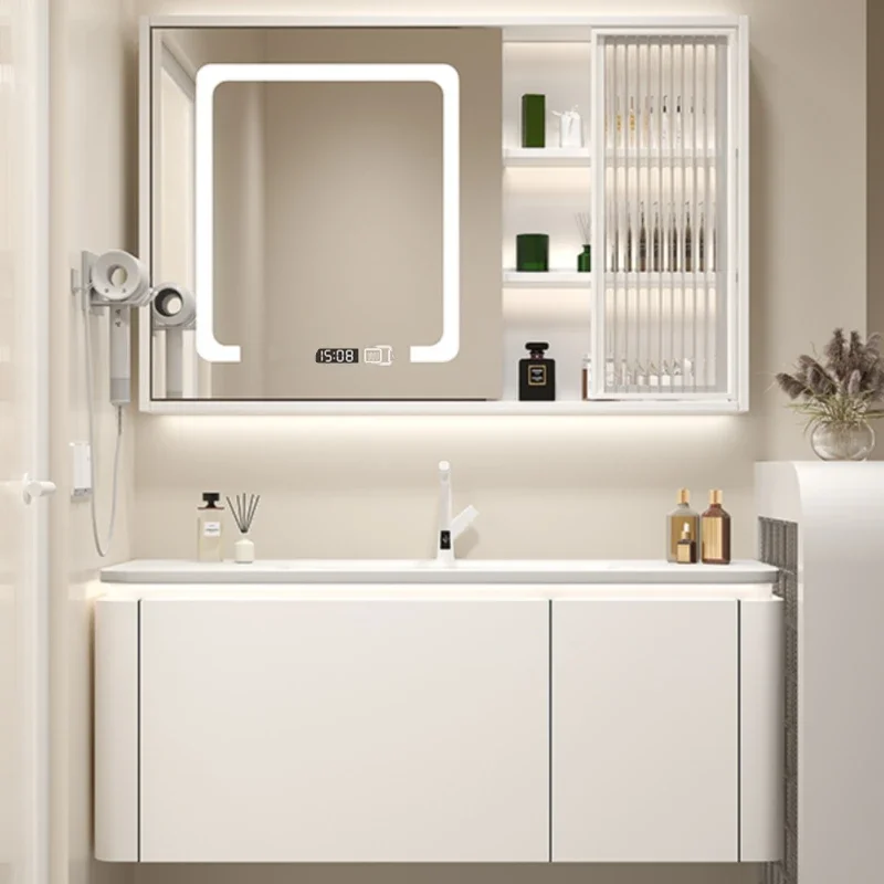 

Light Luxury Intelligent Cream Wind Skin Integrated Basin Bathroom Cabinet Mirror Combination Bathroom Washbasin Furniture