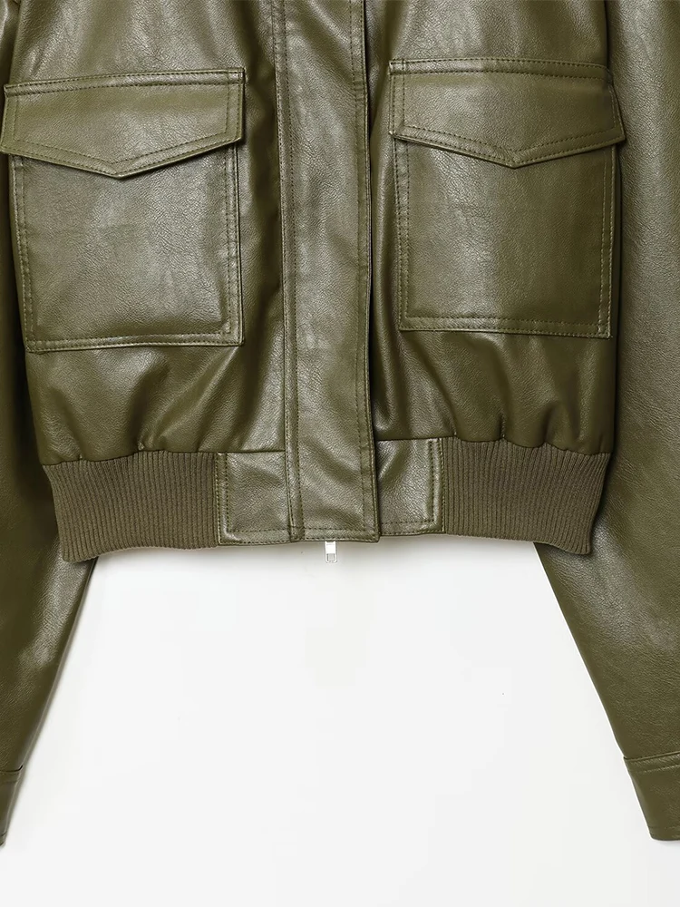 Nueva ropa de otoño de estilo europeo y americano para mujer, Chaqueta corta de manga larga con cuello levantado de piel sintética versátil