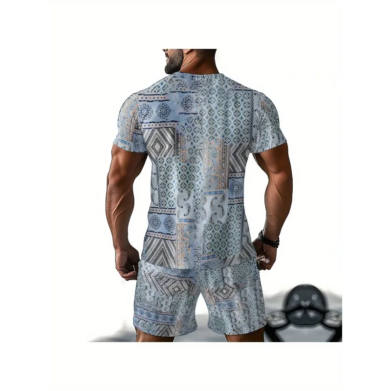 2025 Summer Fashion New Trend Retro Men's T-shirt 3D Digital Printing Creative Casual Round Neck Short Sleeved Shorts Set
