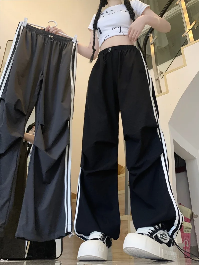 Large and thin parachute work suit three bar pants for women's summer new loose straight tube drawstring pants for cool girls