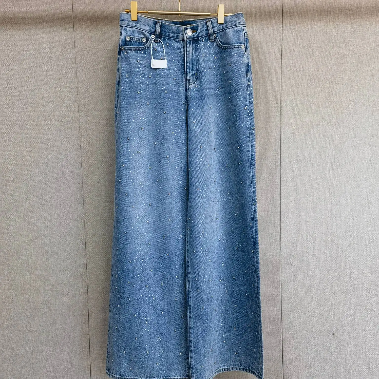 

Early Spring Women's Light Blue Rhinestone Embellished Wide Leg Jeans American Style Cotton Natural Waist Button Closure