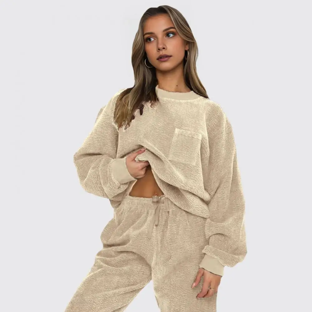 Casual Two-piece Suit Corduroy Sweatshirt Pants Set Women\'s Round Neck Sweatshirt High Waist Trousers Set for Sport for Active