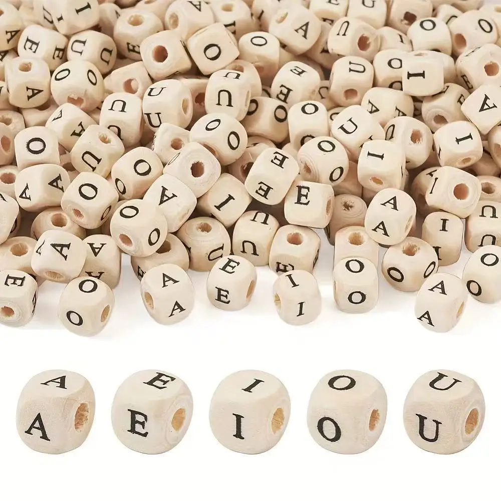 50 random letter 10mm naturally polished wooden beads, square printed A-Z letter wooden spacer beads, handmade jewelry