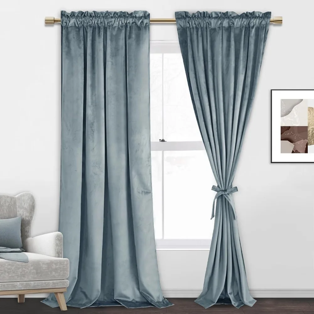 

JIUZHEN Stone Blue Velvet Curtains 96 inch Length for Living Room Luxury Noise Reducing Rod Pocket Room Darkening Window