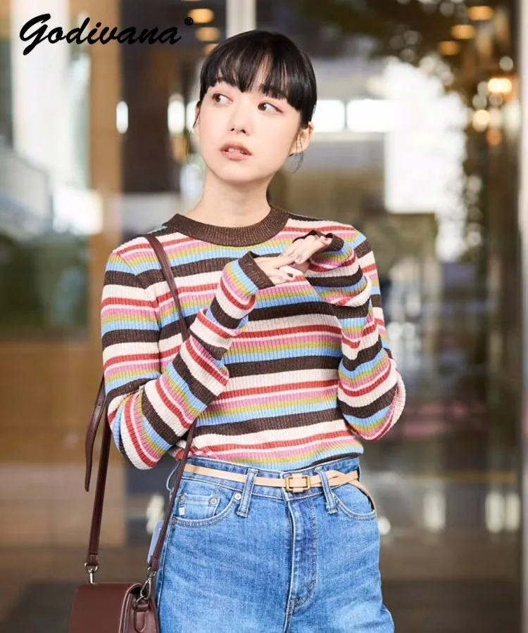 Japanese New Autumn and Winter Color Striped Crew Neck Long Sleeve Knitted Sweater Thin Bright Silk Bottom Shirt Women Knitwear