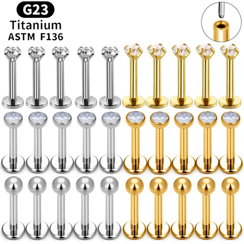 10PCS ASTM F136 G23 티타늄 피어싱 Labret 립 링 스터드 귀걸이 CZ 귀 Tragus 연골 헬릭스 Daith Pierc 쥬얼리 16/18/20g