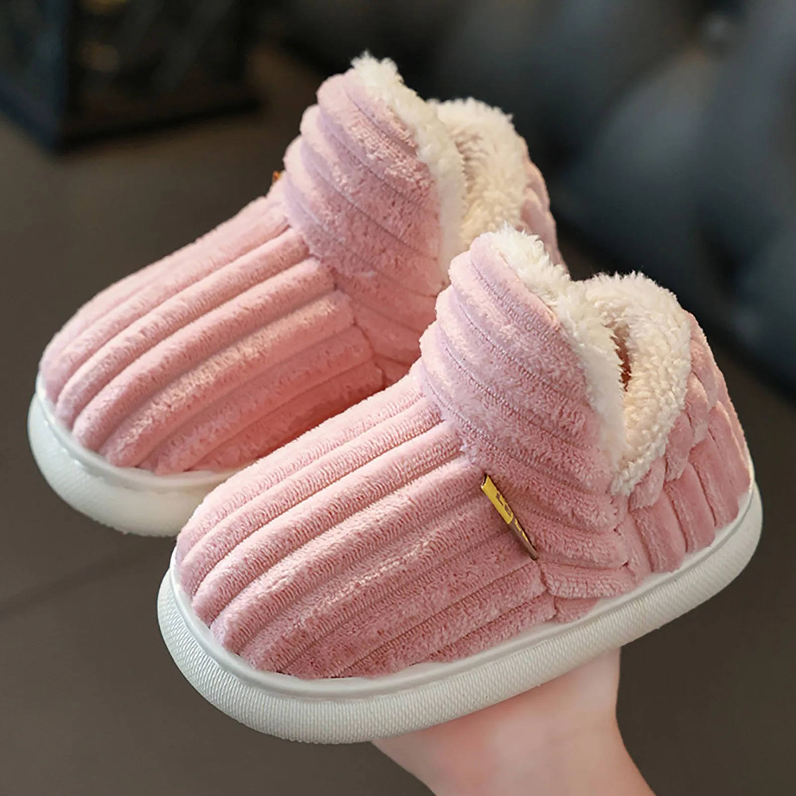 New Winter Concise Stripe Plush Slippers Children's Non-slip Soft Sole Kids Boys Girls Heel Wrap Warm High Home Cotton Shoes