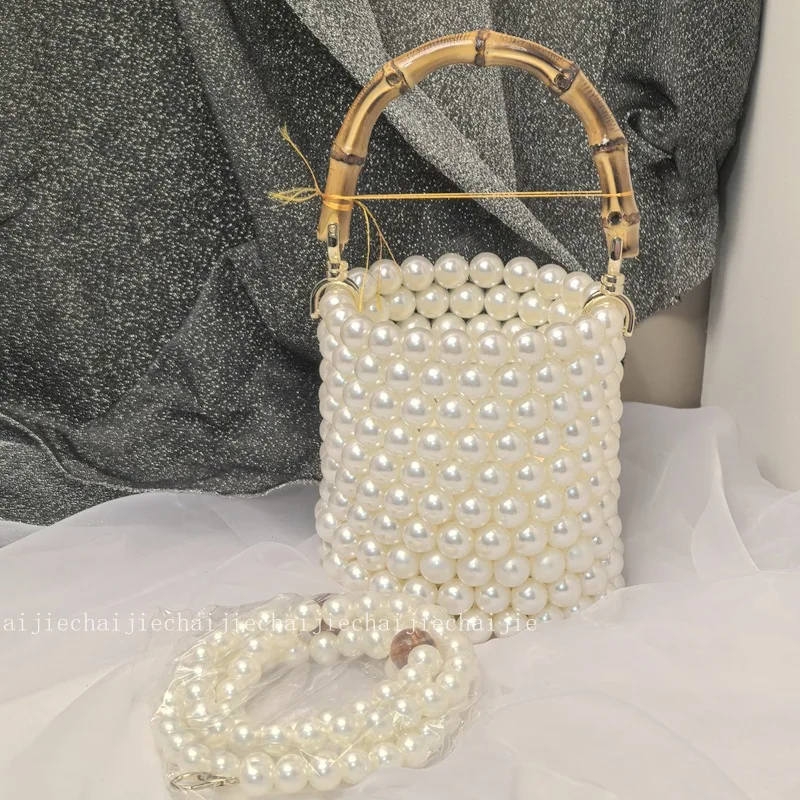 New Fashion Bucket Bag Chain Bar Pearl Beads Premium Single Shoulder Women's Bags Banquet Banquet Ladies Handbag Customizable