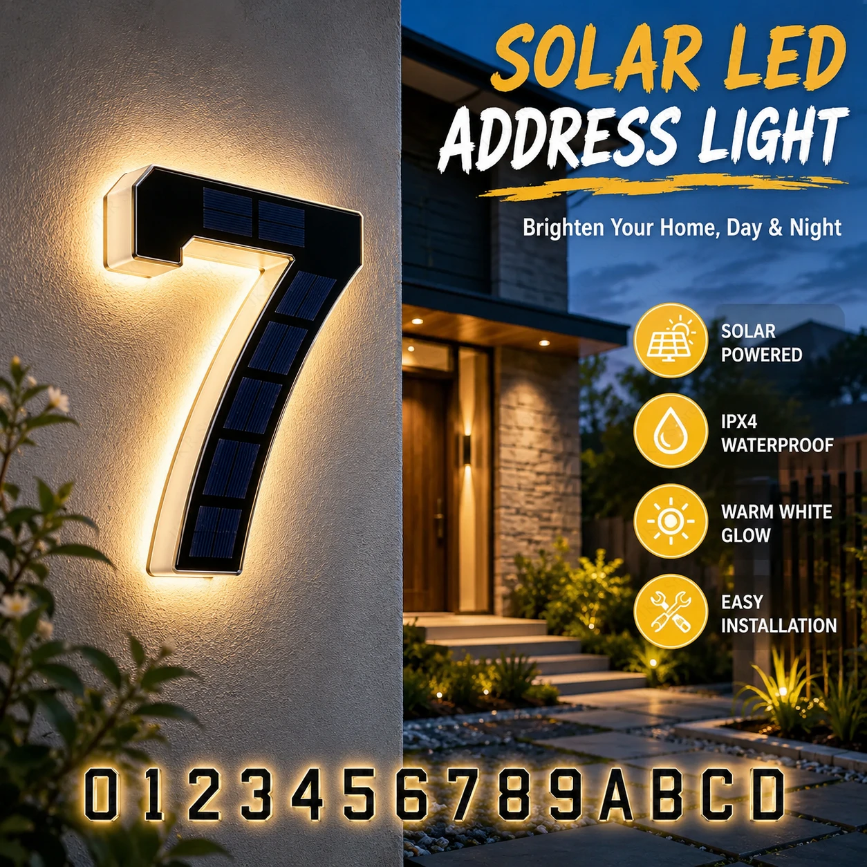 Lumière solaire LED pour numéro de maison, plaque d'adresse étanche avec capteur de lumière pour l'entrée de la maison, la cour, la décoration extérieure