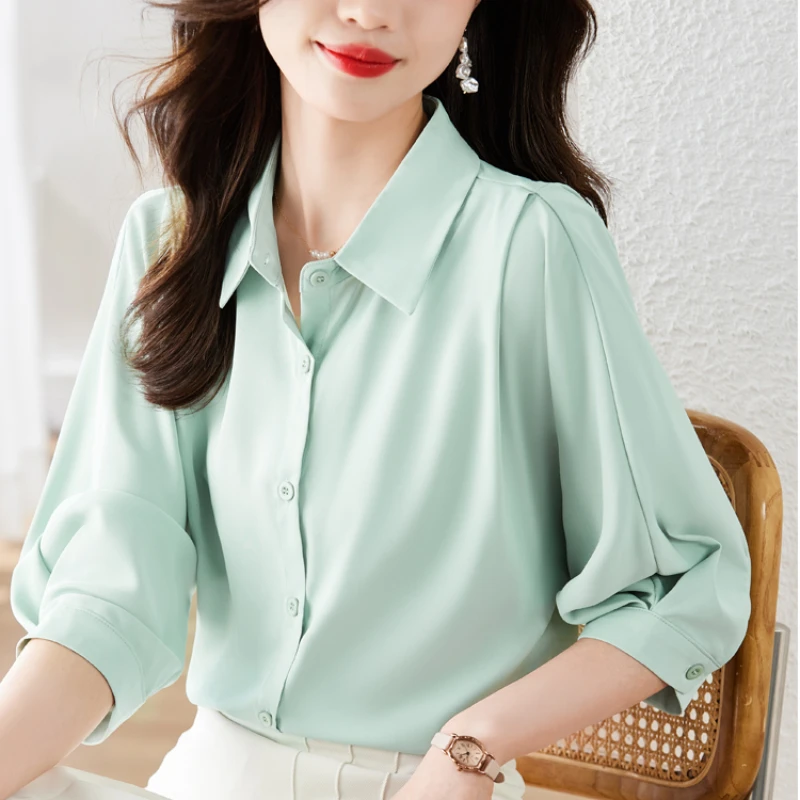 2024 Summer Polo-Neck Womens Tops Solid Button Up Women Shirt Korean Fashion Elegant Blouse Women\'s Clothing White Shirt Women