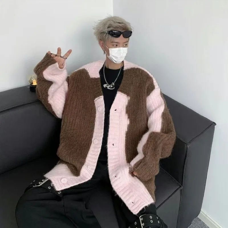 

Осень-зима, американский винтажный уличный стиль, цветной кардиган на пуговицах с v-образным вырезом, свитер, мужское свободное вязаное пальто, универсальное пальто для пары