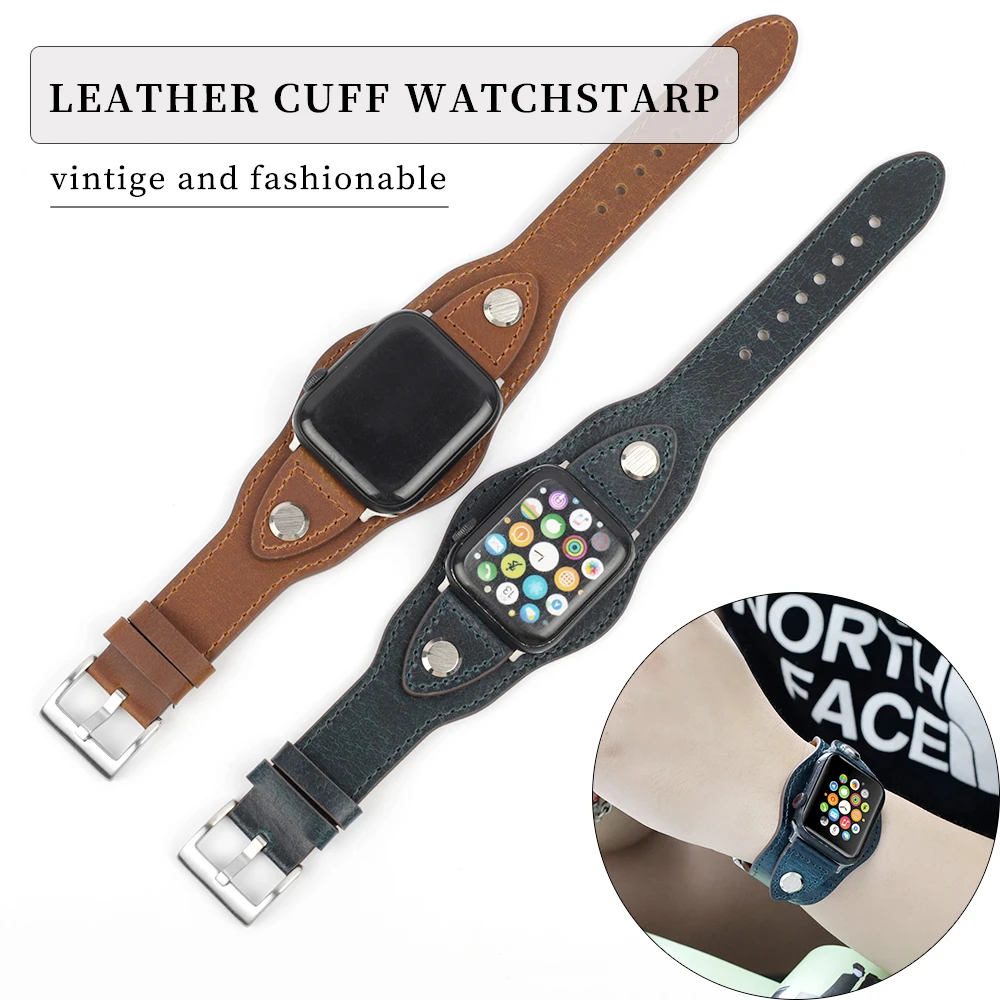 Cuff Bracelet Watch Strap 38mm 40mm 41mm 42mm 44mm 45mm Rivet Watchband Men's Wrist Watch Band Accessories Dark Blue Brown