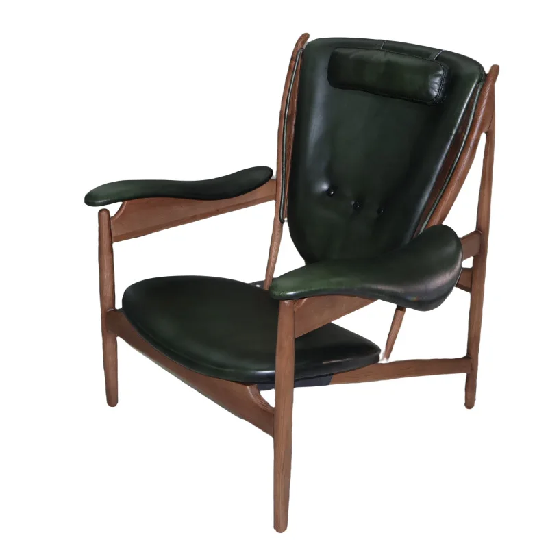 Solid wood chief chair green retro leather sofa chair top layer cowhide living room leisure chair Nordic