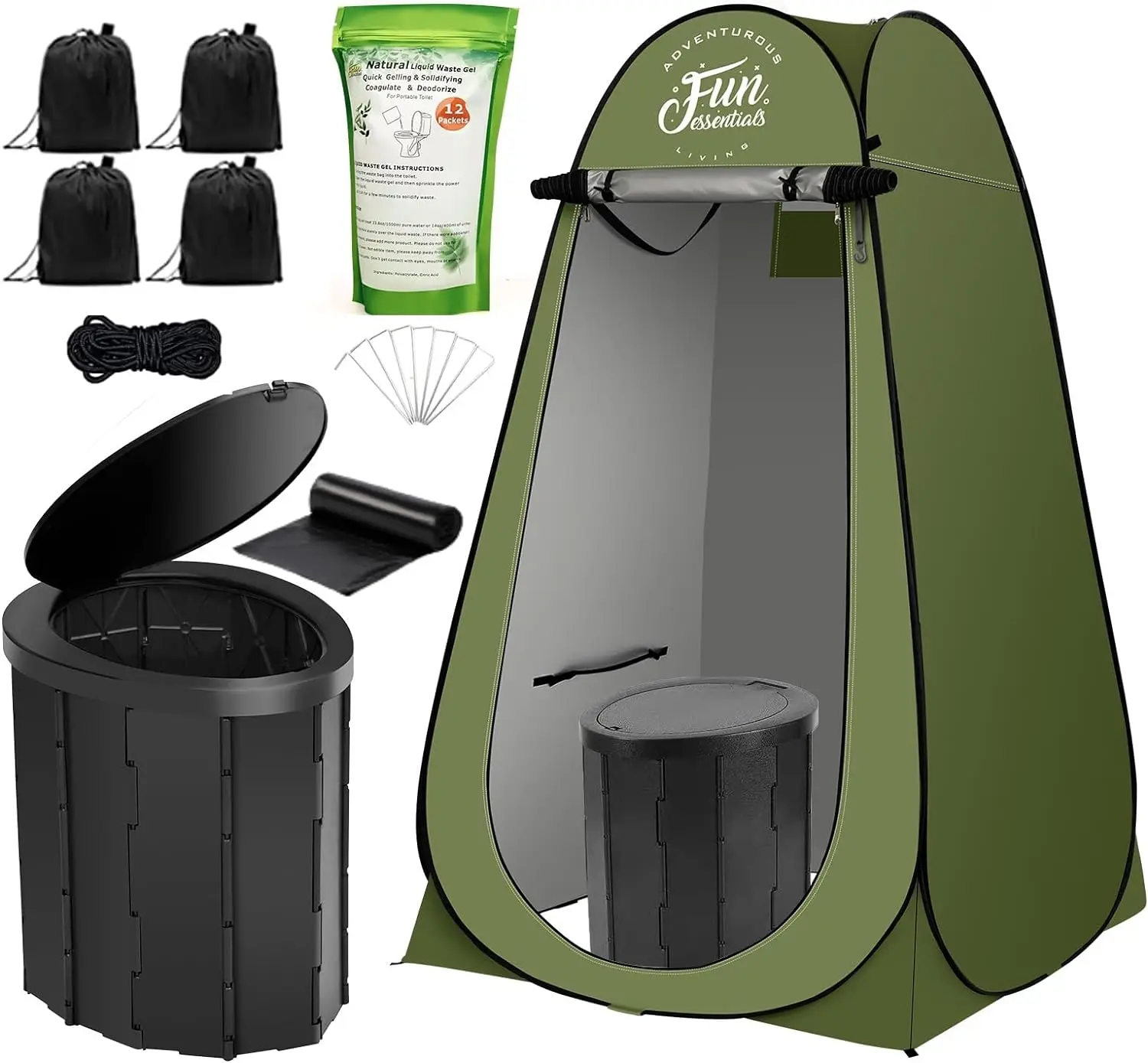 

Portable Toilet Kit For Adults, Pop Up Privacy Tent, X Large Camping Folding Toilet, 12 Toilet bags, 12 pack Liquid Waste Gel