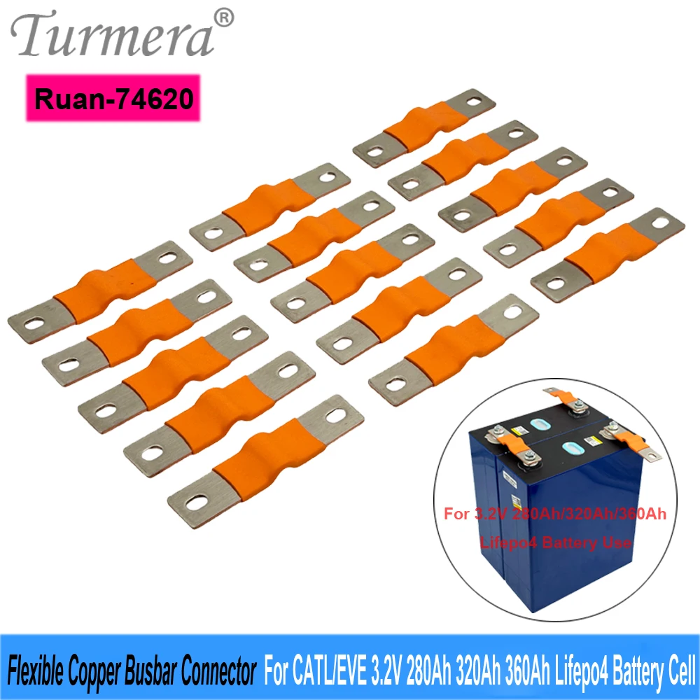 Turmera 12V 48V Copper Busbar Connector 74mm 2mm Thickness 300A Current for 3.2V 280Ah 314Ah 320Ah 360Ah Lifepo4 Battery DIY Use