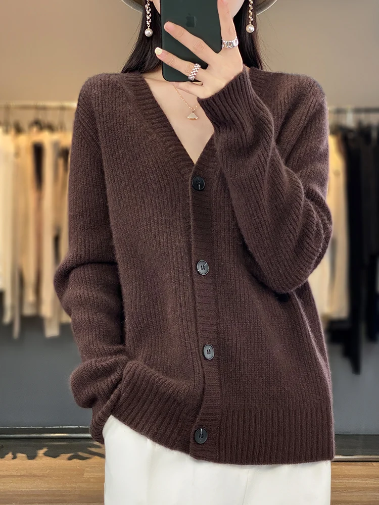 

Aliselect 100%Merino Wool Cardigan V-Neck Long Sleeve High Quality Cashmere Knitwears Autumn Winter Women's Sweater Vintage Tops