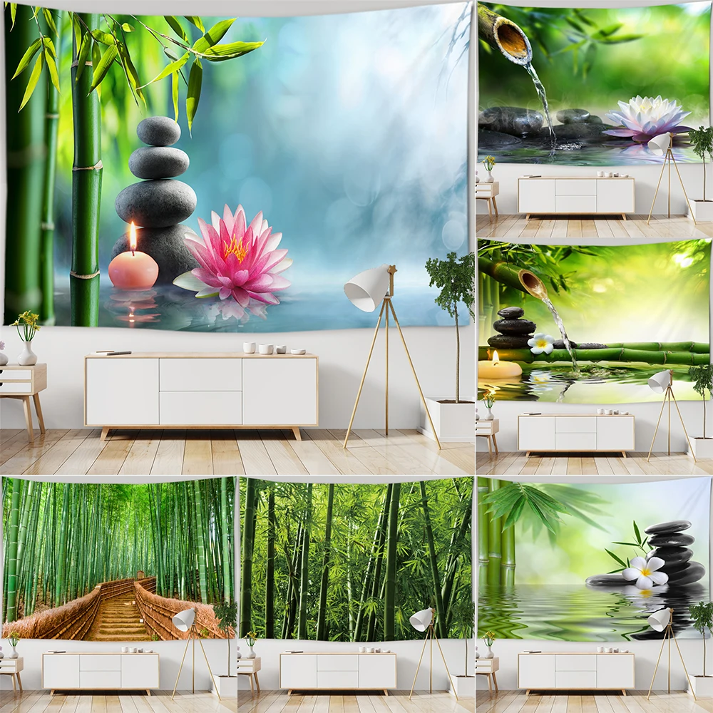 Chinese Zen Garden Green Bamboo Water Lily Print Tapestry Home Living Room  Wall Decoration Background Cloth