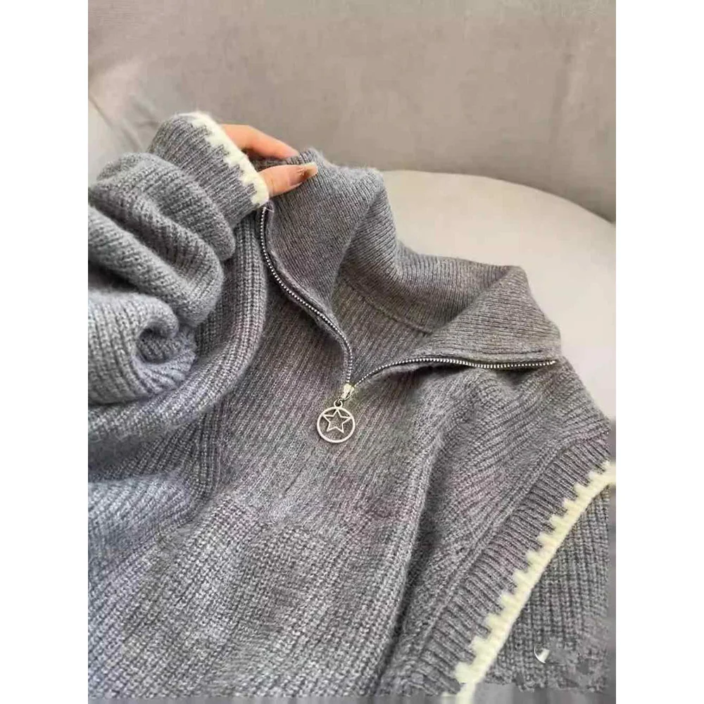 Women Loose Knitted Pullover Tops Spring Autumn Half Zip High Neck Grey Sweaters Female Thick Warm Soft Knitting Shirt Sweater