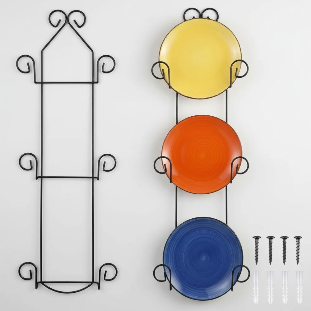 

3-Tier Vertical Wall Plate Holder Rack for Display Plates Dishes, Black Metal Hanger with Easy Installation