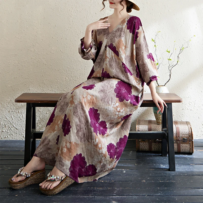 

Slimming Large Size Original High-End Long Sve V-Ne Loose Cotton Linen Twist Dr Artistic Sle Casual Wear All-Season