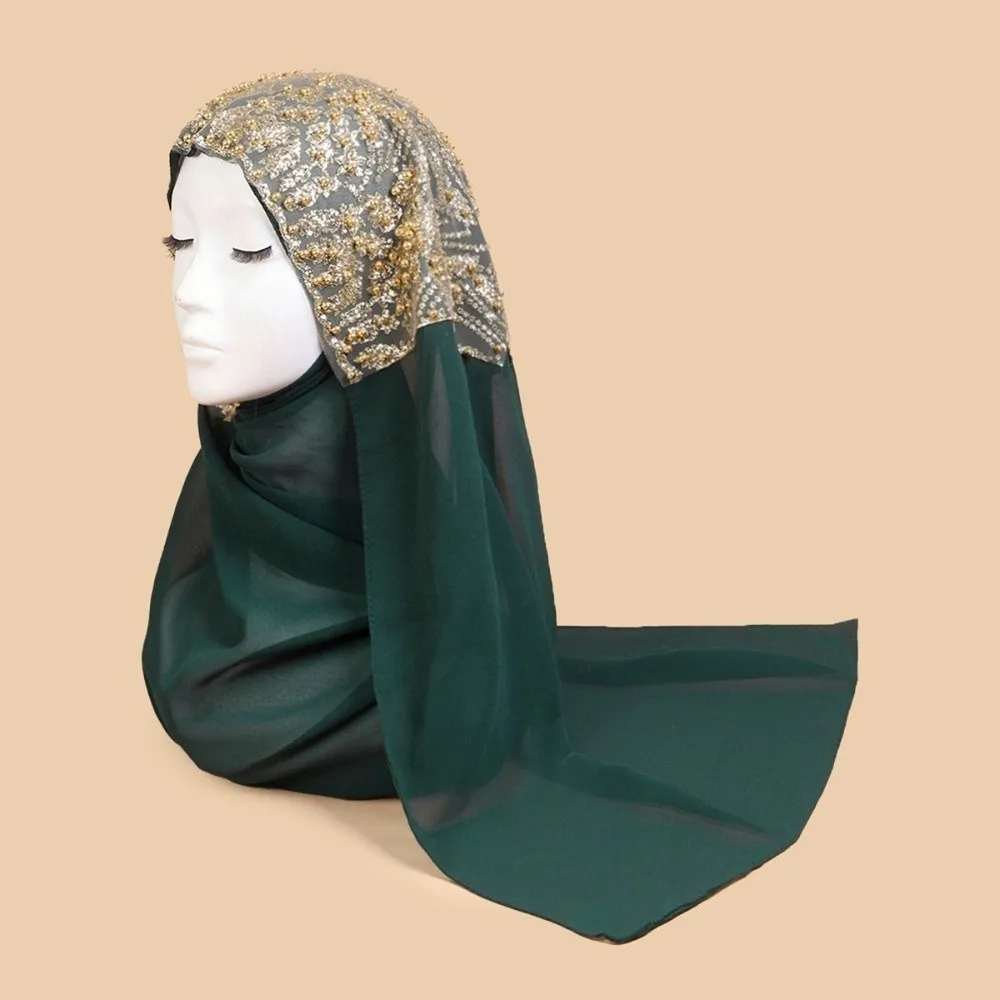 Elegant Silk Pearl Chiffon Hijab Scarf Gold Beads Embroidery Islamic Turban All-march Thin Sequin Wraps Shawl Eid al-Fitr