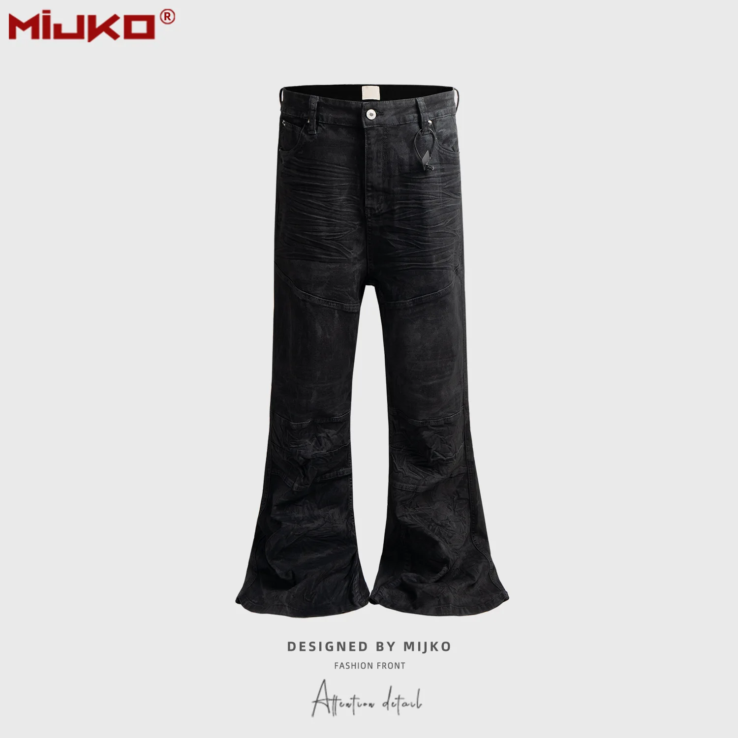 MIJKO Black Wax Flared Wide Leg Jeans Pleated Textured Slim Fit Coated Denim Pants