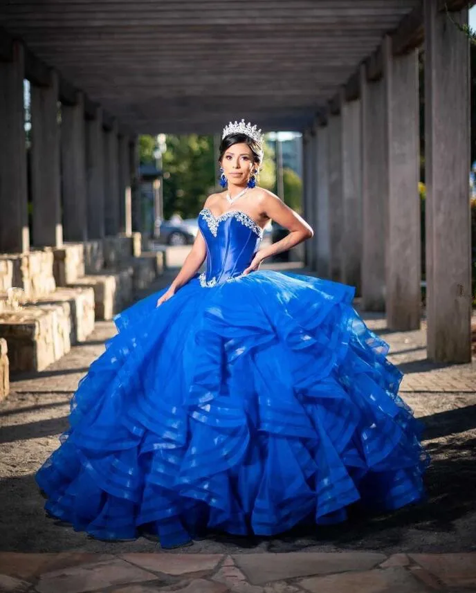 Royal Blue Ruffles Organza Quinceanera Dresses Sweetheart Crystal Beaded Lace-up Corset Prom vestidos de 15 quinceañera azul