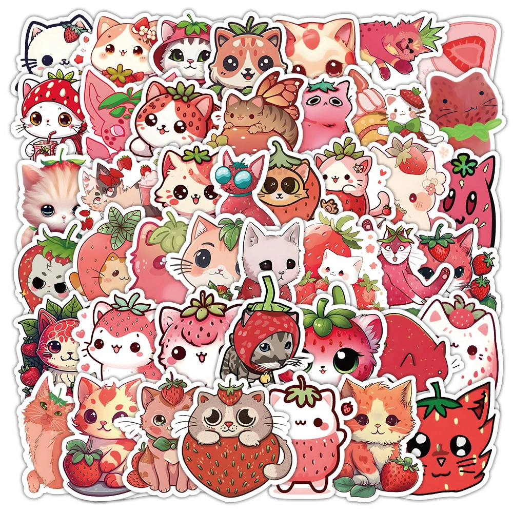 

10/30/53pcs Cute Strawberry Cat Stickers Kawaii Cartoon Sticker Phone Case Notebook Water Bottle Funny Animal Decal for Kids Toy