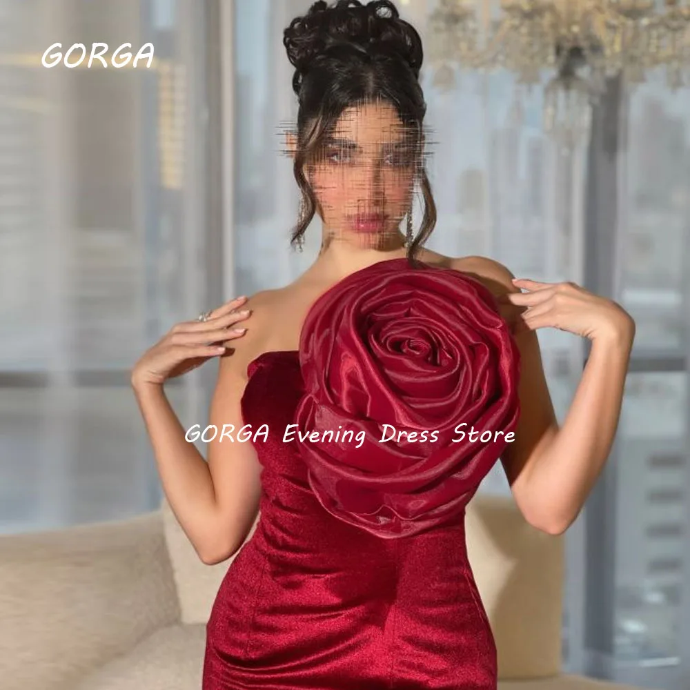 GORGA-vestido de fiesta de sirena de Velour sin tirantes, vestido de noche Formal con flores 3D rojo vino, sin espalda, delgado, hasta el suelo, 2024