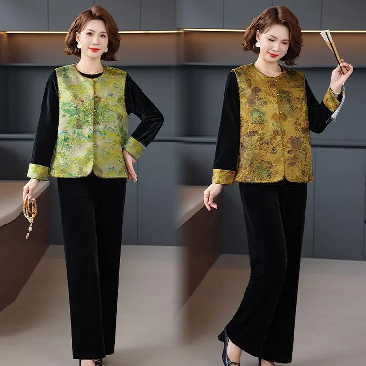 

New Chinese Sle Women's Velvet Base irt Tee-Piece Set Ele Spring Faion Gold Tead Velvet Mom Clothes 40-50 Years...